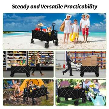 Eusuncaly Collapsible Wagon Cart Heavy Duty for Groceries, Folding Beach Wagon with All Terrain Wheels, Utility Large Capacity Wagon with 2 Drink Holders for Outdoor Camping Shopping Sports, Black