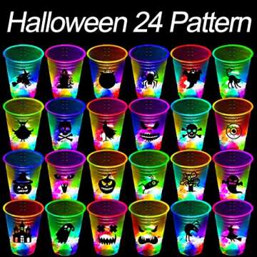 Ahuimeius 24 Pack Halloween Glow-in-The-Dark Cup Set with Horror Stickers for Party Decorations Event Fun, Glow Halloween Party Cups, House Parties Birthdays Concerts BBQ Beach Holidays