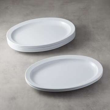 Amazon Basics Melamine Oval Platter Narrow Rim, 6 Piece Set, 13 in x 9.75 in, White (Previously AmazonCommercial brand)