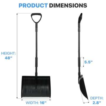 Snow Shovel for Driveway, Plastic Snow Shovels for Snow Removal with Ergonomic D-Grip, Heavy Duty 16 inch Wide Snow Shovel with Metal Handle, 48 inch Long Portable Snow Shovel for Car,Outdoor, Black