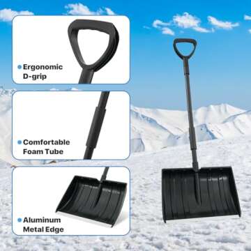 Snow Shovel for Driveway, Plastic Snow Shovels for Snow Removal with Ergonomic D-Grip, Heavy Duty 16 inch Wide Snow Shovel with Metal Handle, 48 inch Long Portable Snow Shovel for Car,Outdoor, Black