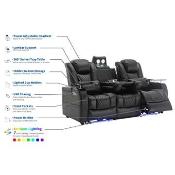 Airadlis Home Theater Seating Seats, Movie Theater Chairs Theater Recliner with 7 Colors Ambient Lighting, Lumbar Pillow, Touch Reading Lights, Tray Table (Black, Row of 3)