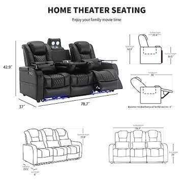 Airadlis Home Theater Seating Seats, Movie Theater Chairs Theater Recliner with 7 Colors Ambient Lighting, Lumbar Pillow, Touch Reading Lights, Tray Table (Black, Row of 3)