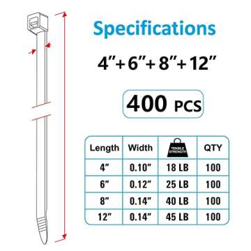 Zip Ties Assorted Sizes(4”+6”+8”+12”), 400 Pack, Black Cable Ties, UV Resistant Wire Ties by ANOSON