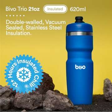 Bivo Trio 21oz Insulated Stainless Steel Bike Water Bottle - for Cycling - Fits Most Cages, Dishwasher Safe - Keeps Drinks Cold 12+ Hours - Raw