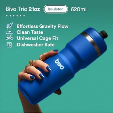 Bivo Trio 21oz Insulated Stainless Steel Bike Water Bottle - for Cycling - Fits Most Cages, Dishwasher Safe - Keeps Drinks Cold 12+ Hours - Raw