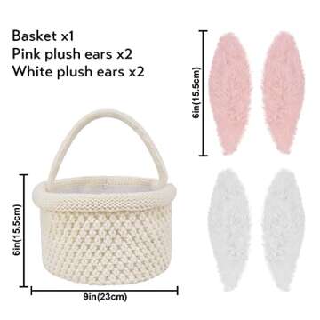 LimBridge Easter Decoration, Knitted Basket with 2 Different Sets of Bunny Ears Spring Wicker Easter Baskets for Easter Eggs Hunt, Candy and Gifts, Boys and Girls, Party Supplies