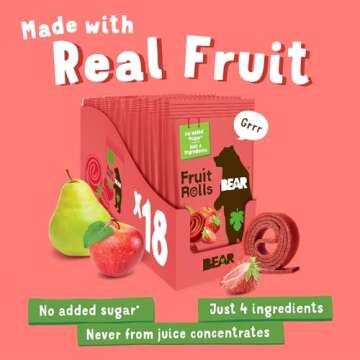 BEAR Real Fruit Snack Rolls - Gluten Free, Vegan, and Non-GMO - Strawberry – Healthy School And Lunch Snacks For Kids And Adults, 0.7 Ounce (Pack of 18)