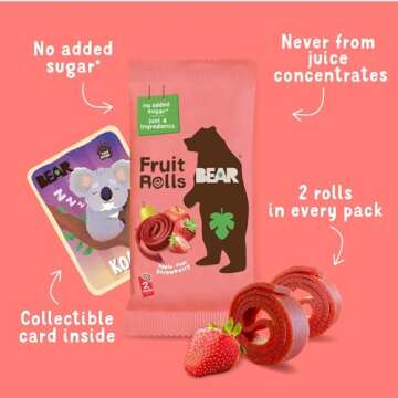 BEAR Real Fruit Snack Rolls - Gluten Free, Vegan, and Non-GMO - Strawberry – Healthy School And Lunch Snacks For Kids And Adults, 0.7 Ounce (Pack of 18)