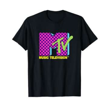 MTV Music Television Retro 80's Neon Pink Checkerboard Logo T-Shirt