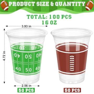 100 PCS Super Bowl Plastic Cups, 16 OZ Plastic Cups, Clear Football Cups Bulk, Disposable Cups Cold Hot Drink for Super Bowl Party Supplies Football Birthday Party Decorations, Super Bowl Decor