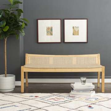 Powell Kasi Natural Low Back Cane Bench with Beige Upholstered Seat