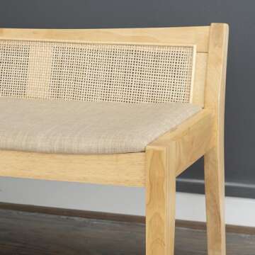 Powell Kasi Natural Low Back Cane Bench with Beige Upholstered Seat