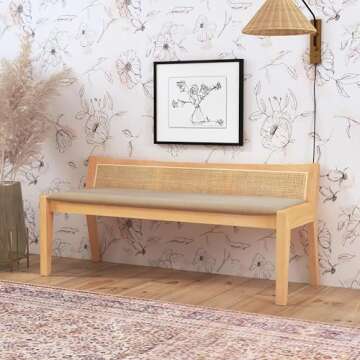 Powell Kasi Natural Low Back Cane Bench with Beige Upholstered Seat