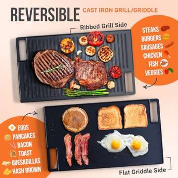 Cast Iron Griddle, Reversible Grill/Griddle + Cast Iron Press + Pan Scraper + Pinch Mitts, Grill Pan For Stove Top, Gas Grill, Indoor & Outdoor Cooking - Pre Seasoned & Non-stick (9.5" x 16.75")