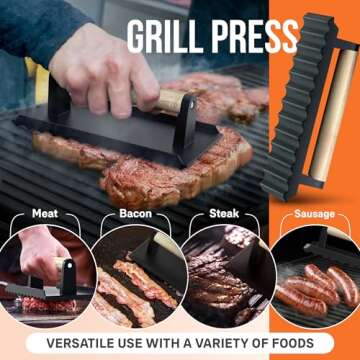 Cast Iron Griddle, Reversible Grill/Griddle + Cast Iron Press + Pan Scraper + Pinch Mitts, Grill Pan For Stove Top, Gas Grill, Indoor & Outdoor Cooking - Pre Seasoned & Non-stick (9.5" x 16.75")