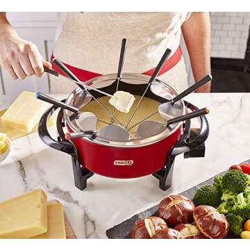 Dash Electric Fondue Set with Nonstick Pot, 8 Colored Forks & Temperature Control for Cheese, Chocolate, Steak, Poultry, Seafood + More, 3 Quart - Red