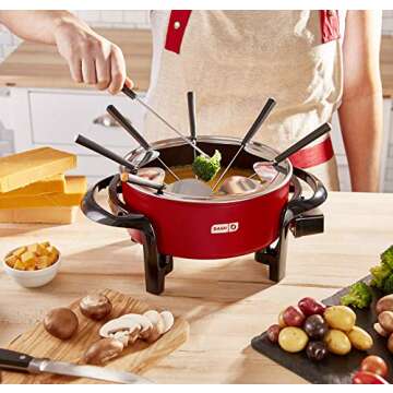 Dash Electric Fondue Set with Nonstick Pot, 8 Colored Forks & Temperature Control for Cheese, Chocolate, Steak, Poultry, Seafood + More, 3 Quart - Red