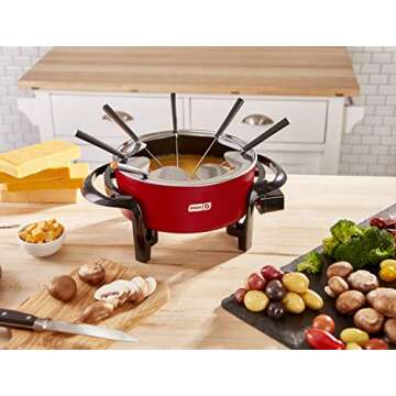 Dash Electric Fondue Set with Nonstick Pot, 8 Colored Forks & Temperature Control for Cheese, Chocolate, Steak, Poultry, Seafood + More, 3 Quart - Red