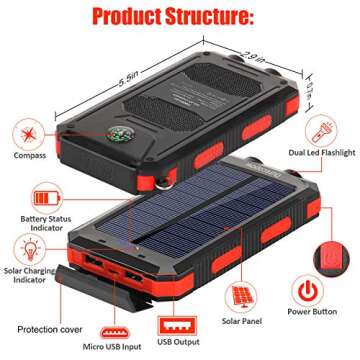 Solar Charger, 20000mAh Portable Outdoor Waterproof Solar Power Bank, Camping External Backup Battery Pack Dual 5V USB Ports Output, 2 Led Light Flashlight with Compass (Red)