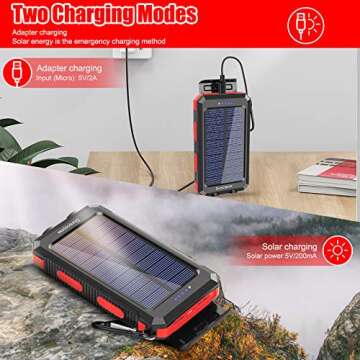 Solar Charger, 20000mAh Portable Outdoor Waterproof Solar Power Bank, Camping External Backup Battery Pack Dual 5V USB Ports Output, 2 Led Light Flashlight with Compass (Red)