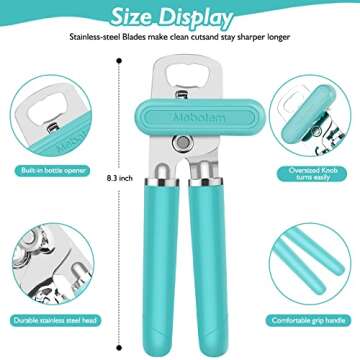 Mebotem 10 Colors Can Opener Manual Handheld Heavy Duty Hand Can Opener Smooth Edge Stainless Steel Can Openers Top Lid Kitchen Gadgets, Best Large Rated Easy Turn Knob, with Bottle Opener, Aqua Sky