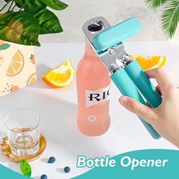 Mebotem 10 Colors Can Opener Manual Handheld Heavy Duty Hand Can Opener Smooth Edge Stainless Steel Can Openers Top Lid Kitchen Gadgets, Best Large Rated Easy Turn Knob, with Bottle Opener, Aqua Sky