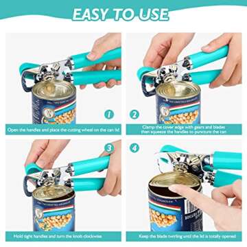 Mebotem 10 Colors Can Opener Manual Handheld Heavy Duty Hand Can Opener Smooth Edge Stainless Steel Can Openers Top Lid Kitchen Gadgets, Best Large Rated Easy Turn Knob, with Bottle Opener, Aqua Sky