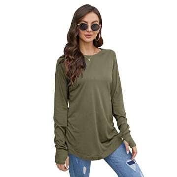 Fisoew Women's Casual Long Sleeve Tops Crew Neck Round Hem Loose T-Shirts Tunic Tops with Thumb Holes Army Green