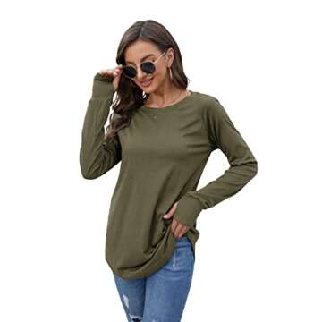 Fisoew Women's Casual Long Sleeve Tops Crew Neck Round Hem Loose T-Shirts Tunic Tops with Thumb Holes Army Green