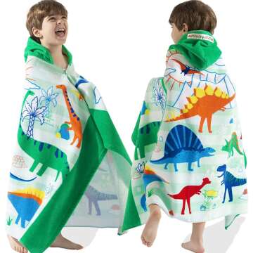 Bath Beach Towel with Hood for Kids Toddlers Boys Girls 3 to 12 Years,Oversize Extra Size 50"x30",Super Soft Absorbent Cotton for Bath/Pool/Beach Swim Coverups Bathrobe,Dinosaur Theme