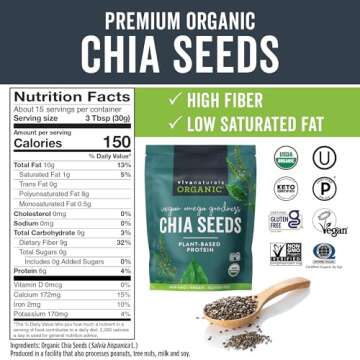 Viva Naturals Organic Chia Seeds 1 LBs - Plant-Based Omega-3 and Vegan Protein, Non-GMO Chia Seeds Organic Perfect for Smoothies, Salads and Chia Seed Pudding, Black Chia Seeds Bulk