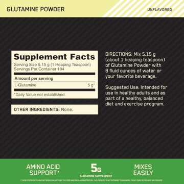 Optimum Nutrition L-Glutamine Muscle Recovery Powder, 1000 Gram, 194 Servings (Pack of 1)