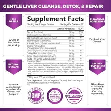 Gentle Liver Cleanse Detox & Repair Formula - Herbal Liver Support Supplement: Milk Thistle with Silymarin, Artichoke Extract, Dandelion, Beet, Chicory Root, & Turmeric for Liver Health - 120 Capsules