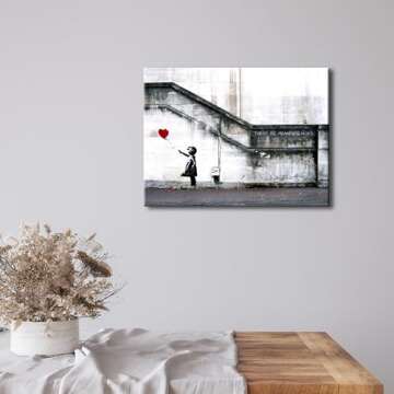 Wieco Art Banksy Grafitti Girl with Red Balloon Canvas Prints Wall Art Grey Love Pictures Paintings for Living Room Bedroom Home Decorations Modern Stretched and Framed Inspirational Giclee Artwork