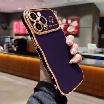 LCHULLE for iPhone 14 Pro Max Case for Women Girls, Cute Wave Frame Curly Shape with Love Heart Raised Camera Protection Cover Luxury Plating Shockproof Phone Case for iPhone 14 Pro Max, Dark Purple