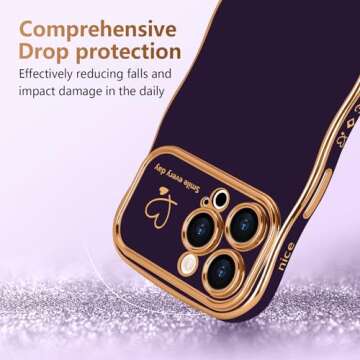 LCHULLE for iPhone 14 Pro Max Case for Women Girls, Cute Wave Frame Curly Shape with Love Heart Raised Camera Protection Cover Luxury Plating Shockproof Phone Case for iPhone 14 Pro Max, Dark Purple