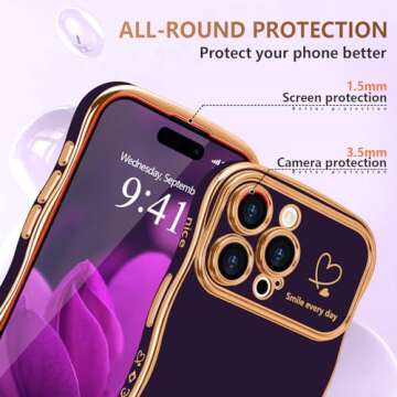 LCHULLE for iPhone 14 Pro Max Case for Women Girls, Cute Wave Frame Curly Shape with Love Heart Raised Camera Protection Cover Luxury Plating Shockproof Phone Case for iPhone 14 Pro Max, Dark Purple