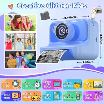 Kids Camera Instant Print, Christmas Birthday Gifts for Girls and Boys, Kids Camera with 32GB Card, Toddler Toy Camera for 3-12 Years Old, Blue