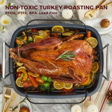 HONGBAKE Nonstick Turkey Roasting Pan with Rack - 18.7×13.6 Inch Extra Large Roaster Pan for 25 lb Chicken, Deep Turkey Tray for Oven, U-Shaped Rack, Wider Handles, Heavy Duty, Non Toxic, Grey