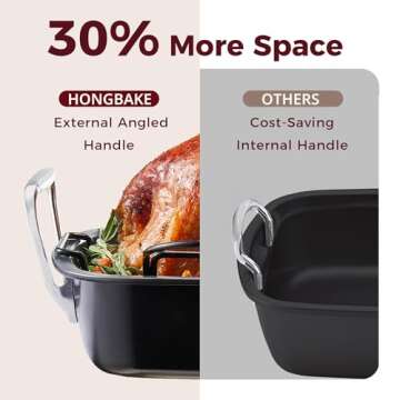 HONGBAKE Nonstick Turkey Roasting Pan with Rack - 18.7×13.6 Inch Extra Large Roaster Pan for 25 lb Chicken, Deep Turkey Tray for Oven, U-Shaped Rack, Wider Handles, Heavy Duty, Non Toxic, Grey