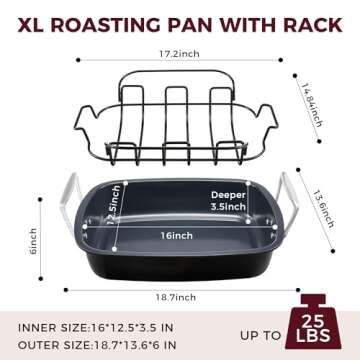 HONGBAKE Nonstick Turkey Roasting Pan with Rack - 18.7×13.6 Inch Extra Large Roaster Pan for 25 lb Chicken, Deep Turkey Tray for Oven, U-Shaped Rack, Wider Handles, Heavy Duty, Non Toxic, Grey