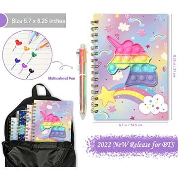 Pop Notebook for Kids, Fidget Girls Diary Journal 8.5x5.3 Inches 160 Lined Pages with 6 Multicolor Pen Spiral Journal for Teenage School Writing Drawing Pop Unicorn It Gifts Stuff Age 6 8 10 12