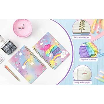 Pop Notebook for Kids, Fidget Girls Diary Journal 8.5x5.3 Inches 160 Lined Pages with 6 Multicolor Pen Spiral Journal for Teenage School Writing Drawing Pop Unicorn It Gifts Stuff Age 6 8 10 12