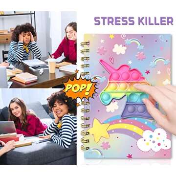 Pop Notebook for Kids, Fidget Girls Diary Journal 8.5x5.3 Inches 160 Lined Pages with 6 Multicolor Pen Spiral Journal for Teenage School Writing Drawing Pop Unicorn It Gifts Stuff Age 6 8 10 12