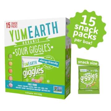 YumEarth Organic Sour Giggles Chewy Candy - Allergy Friendly (Top 9 Free), No Artificial Dyes or Flavors, Non GMO, Gluten Free, Vegan - Individually Wrapped Sour Snack Packs - 0.5 Ounce (Pack of 15)