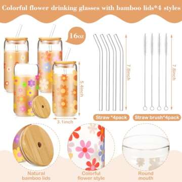 Cunhill 4 Pcs Iced Coffee Cup with Bamboo Lid and Straw 16oz Employee Appreciation Gift Glasses Cup Daisy Flower Butterfly Beer Can Cup Gift for Teacher Women Employee Coworker(Daisy)