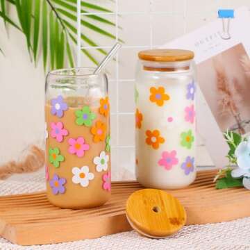 Cunhill 4 Pcs Iced Coffee Cup with Bamboo Lid and Straw 16oz Employee Appreciation Gift Glasses Cup Daisy Flower Butterfly Beer Can Cup Gift for Teacher Women Employee Coworker(Daisy)