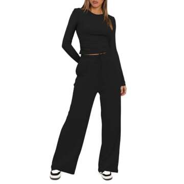 Darong Women's 2 Piece Sets Fall Outfits Long Sleeve Wide Leg Tracksuits Casual Sweat Sets Lounge Set 9065A Black M