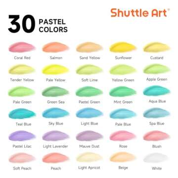 Shuttle Art 40 Pack Pastel Acrylic Paint Set, 30 Colors, 60ml/2oz Bottles, High Viscosity, Water-proof Paint With 10 Paint Brushes for Painting &Crafting on Canvas, Rock, Ceramic, Fabric